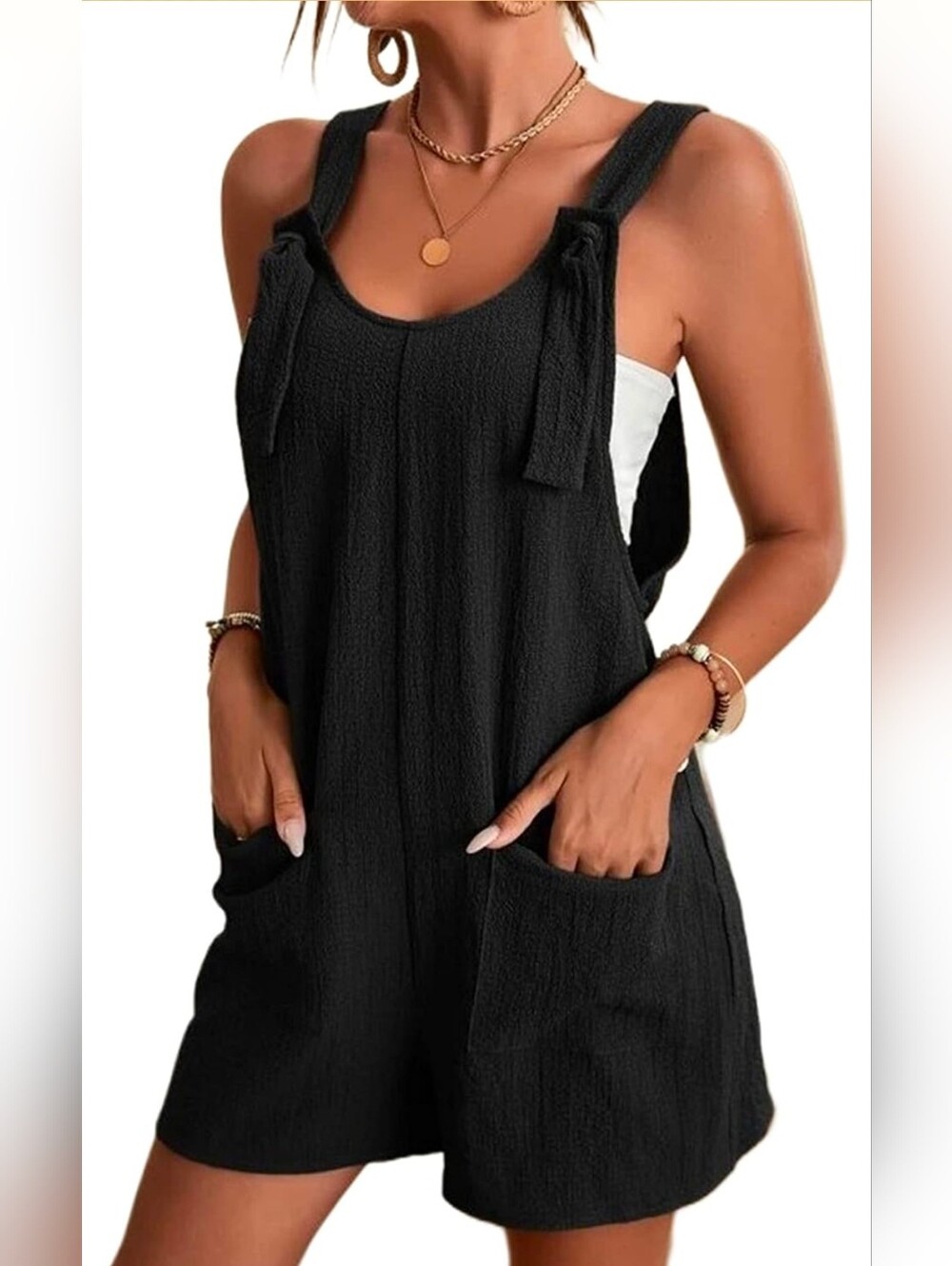 Women's Casual Sleeveless Romper Loose Adjustable Strap Shortalls with Pockets